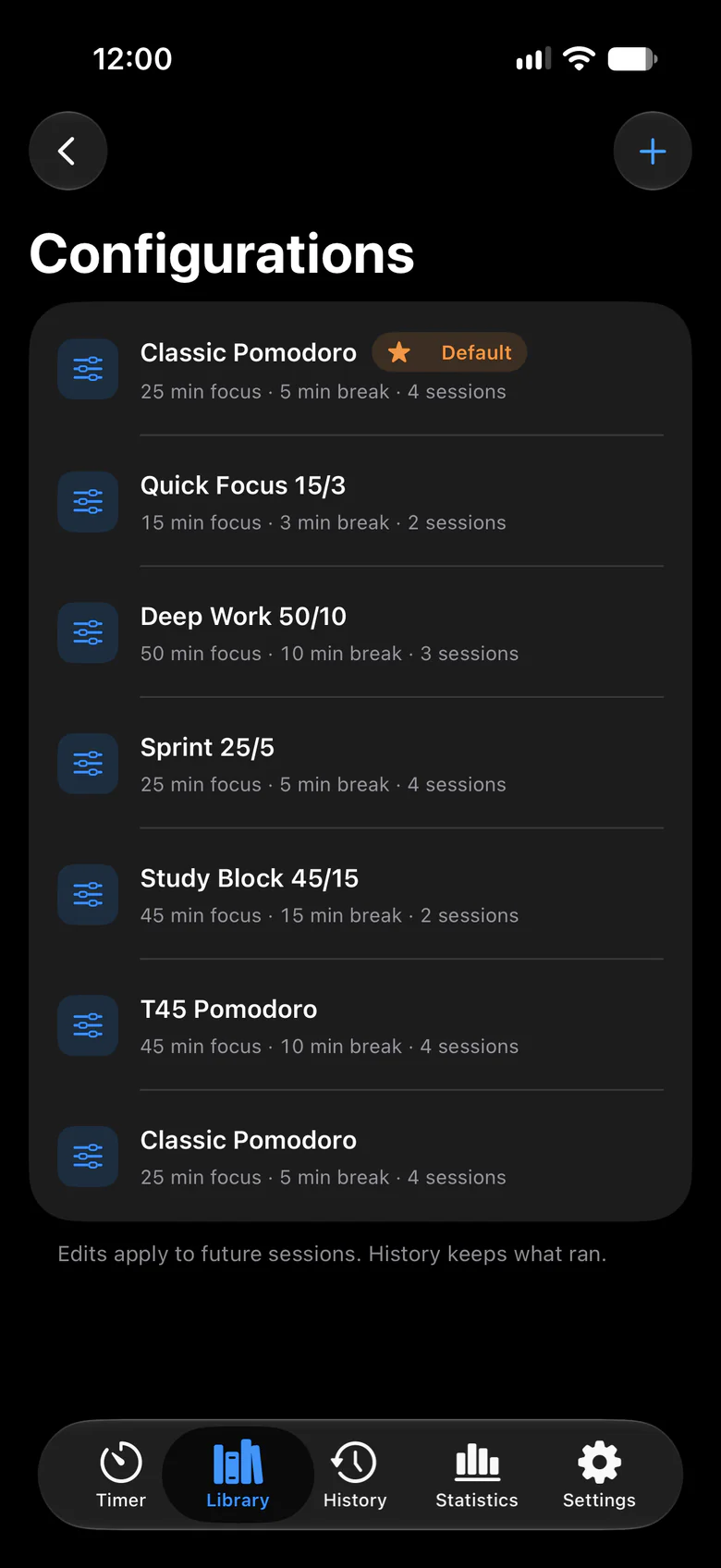 The Configurations list on iPhone in Dark Mode: timers such as Classic Pomodoro, Quick Focus 15/3 and Deep Work 50/10, each with its focus length, break length and session count.