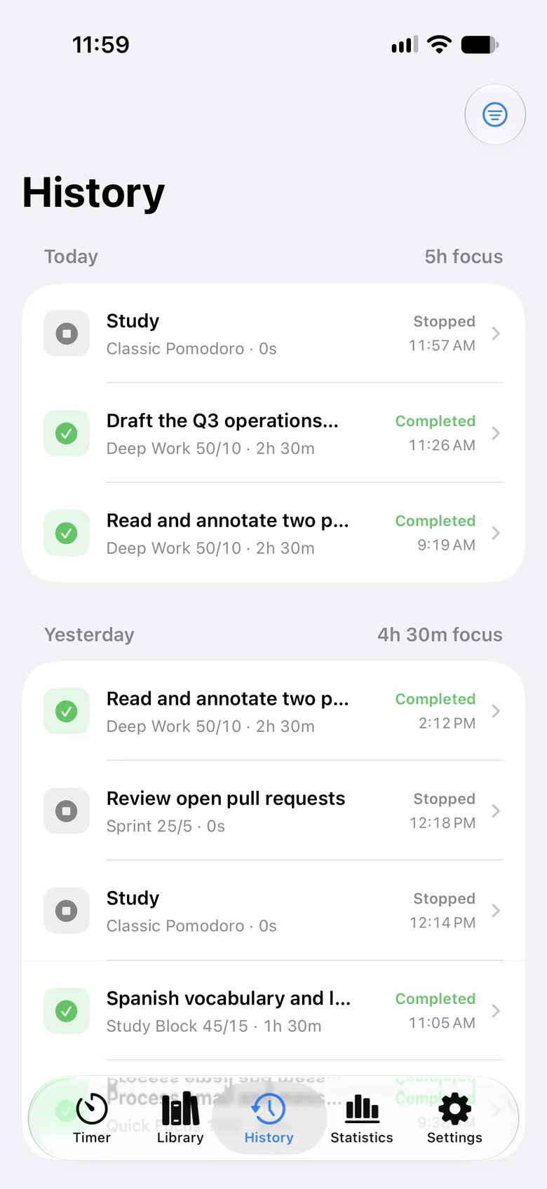 History on iPhone grouped into Today and Yesterday, with each day's focus total and every session's status.