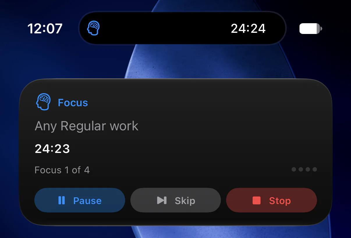 A Time Frame Live Activity on iPhone: the countdown in the Dynamic Island and an activity showing Focus, 24:23 remaining, Focus 1 of 4, with Pause, Skip and Stop buttons.