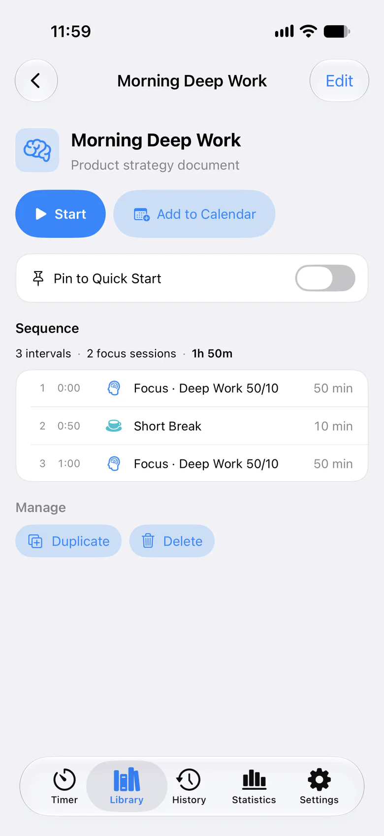 A plan's detail page on iPhone with Start and Add to Calendar actions and an ordered sequence of focus intervals and breaks with their start offsets.
