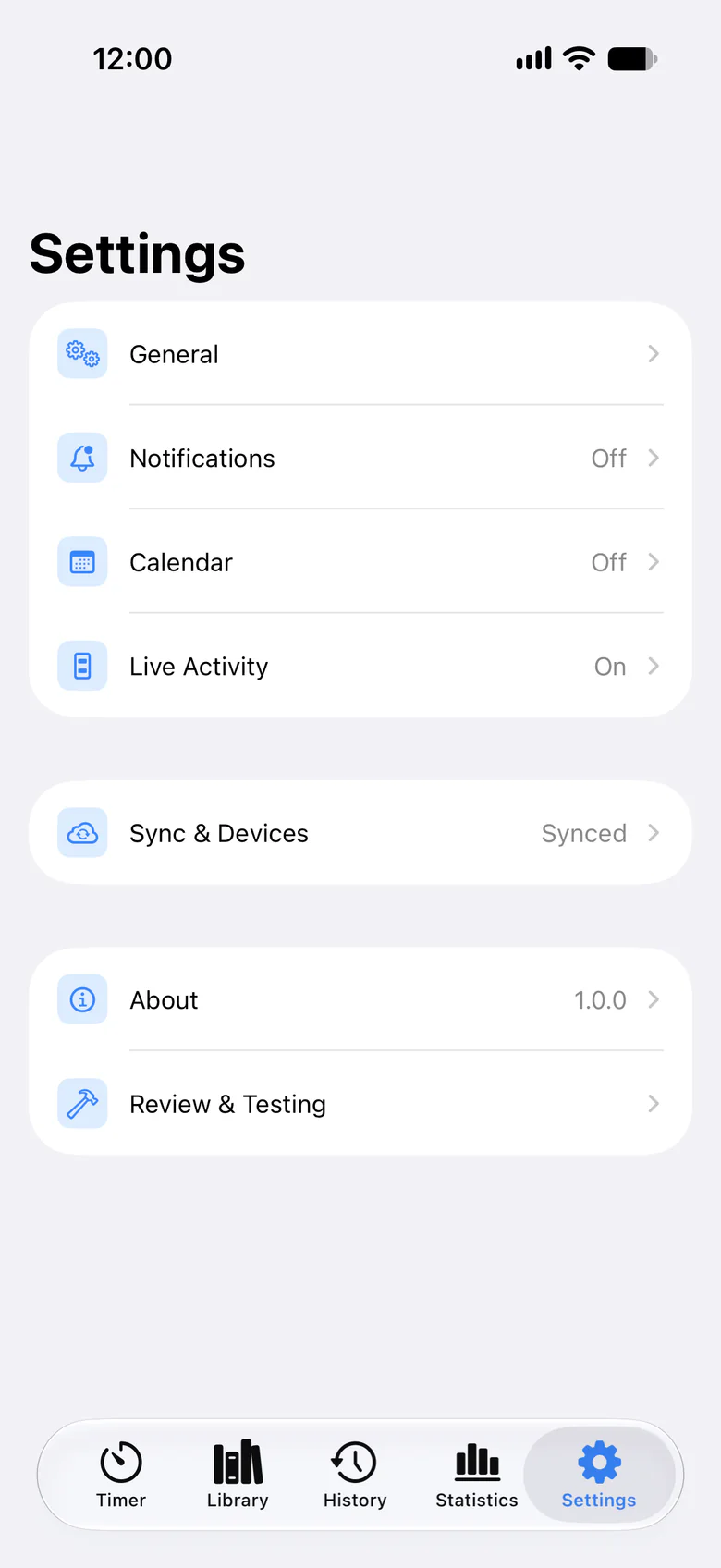 Settings on iPhone: General, Notifications, Calendar, Live Activity, Sync & Devices, About, and Review & Testing.