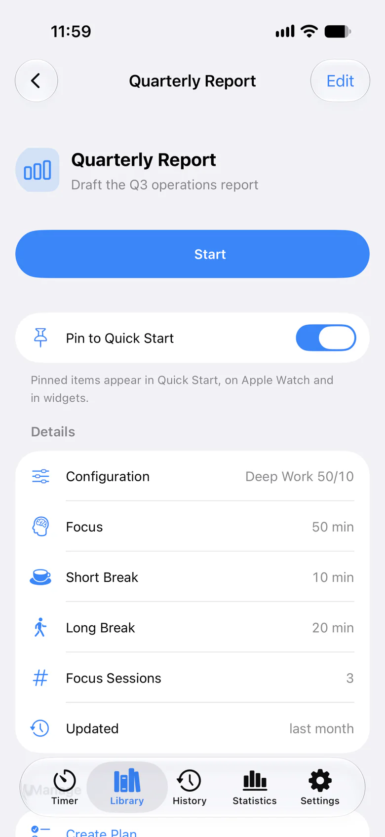 A template's detail page on iPhone with a Start button, a Pin to Quick Start switch, and its configuration, focus, break and session details.