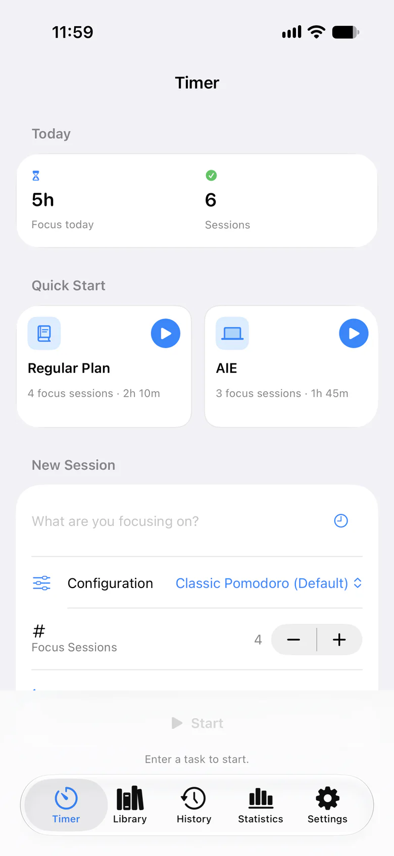 The Timer tab on iPhone: today's focus time and sessions, two Quick Start tiles, and the New Session form.