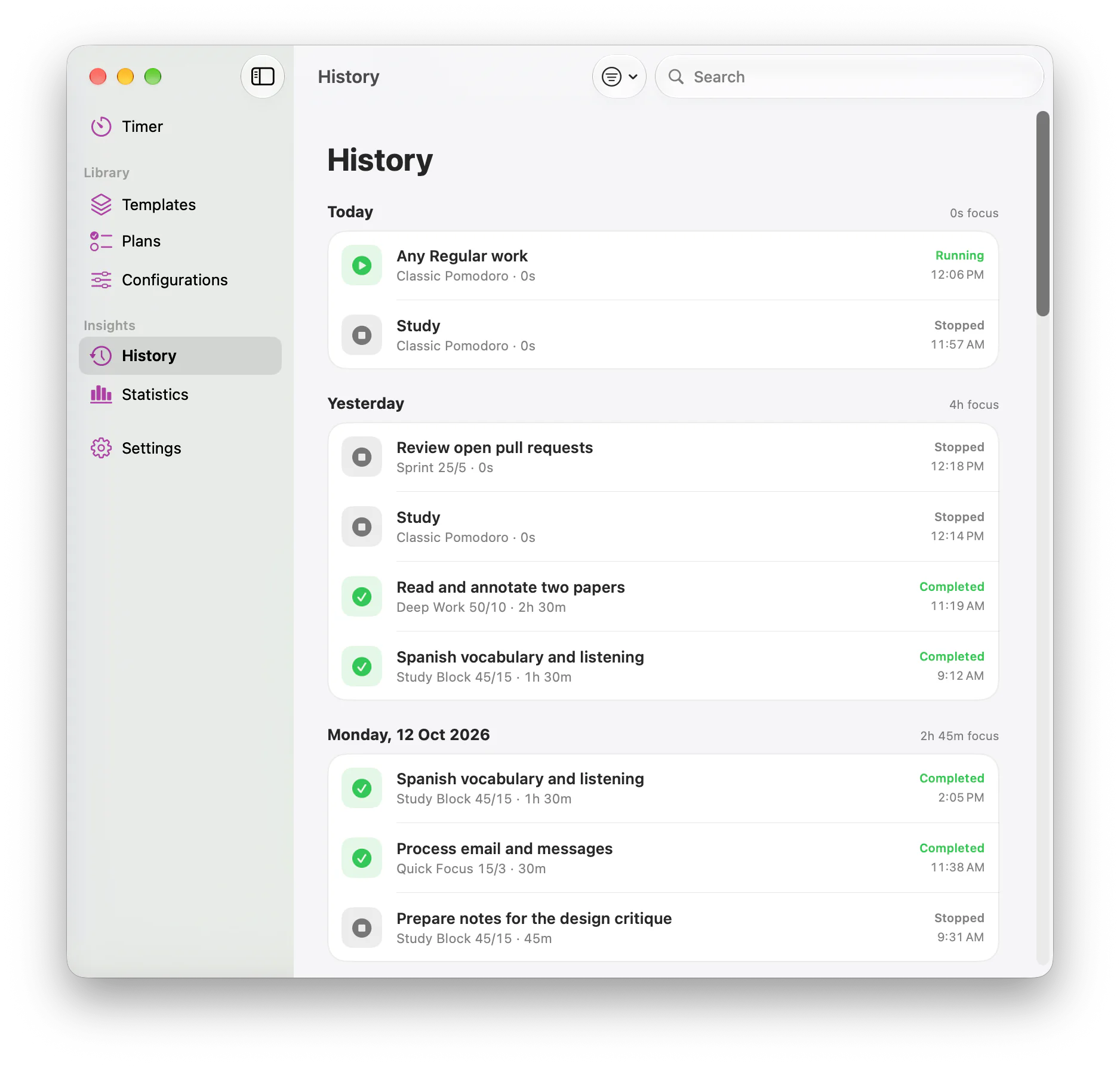 History on Mac, grouped by day. Each session shows its task, configuration, status such as Completed or Stopped, and start time.