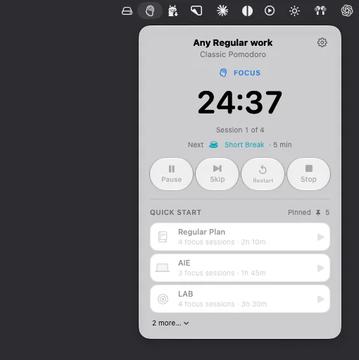The Time Frame menu bar popover on Mac during a focus interval: 24:37 remaining, Pause, Skip, Restart and Stop, and pinned Quick Start items below.