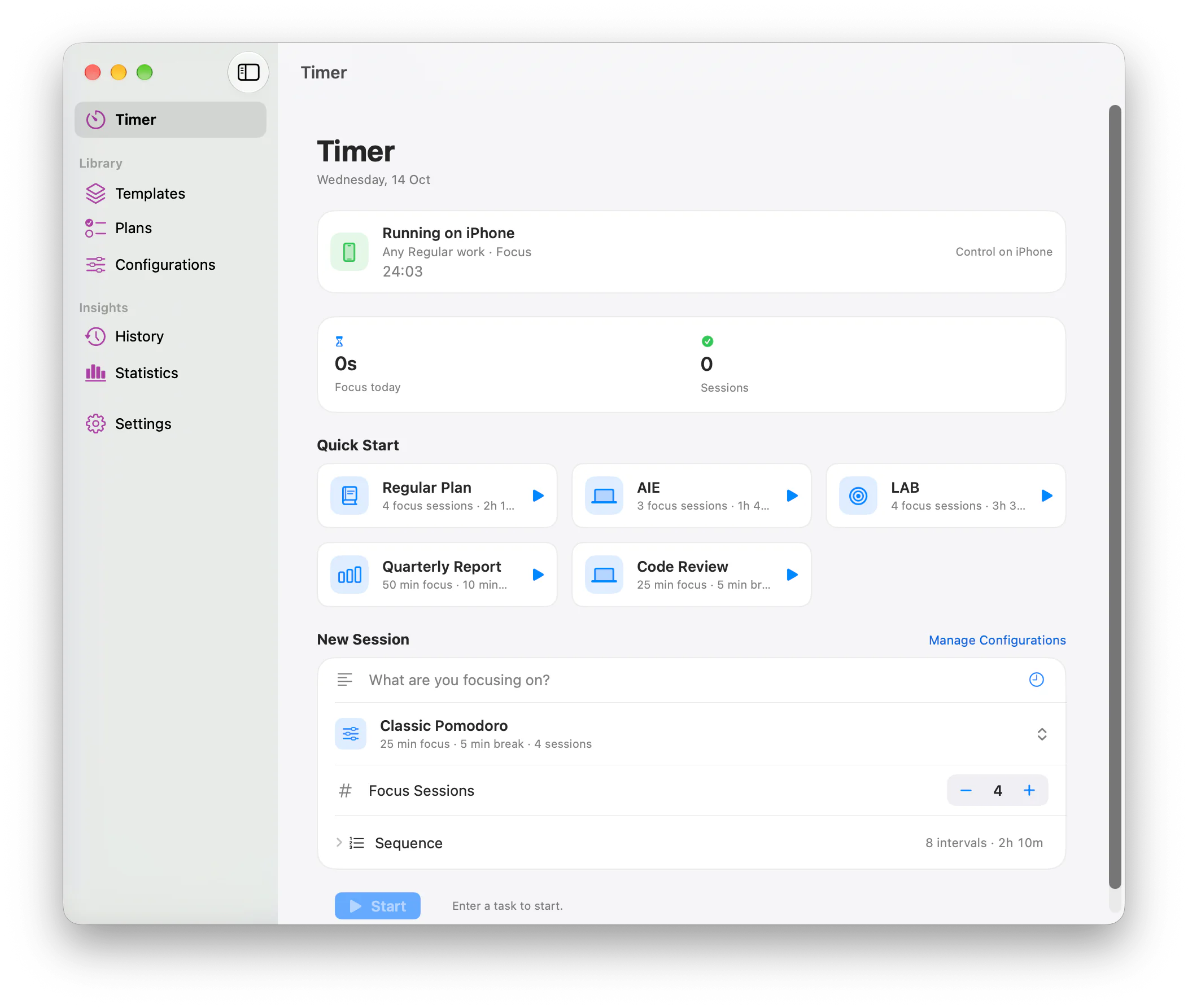 The Timer home on Mac: today's focus total, five pinned Quick Start items, and a New Session form with a task field, a configuration and the number of focus sessions.