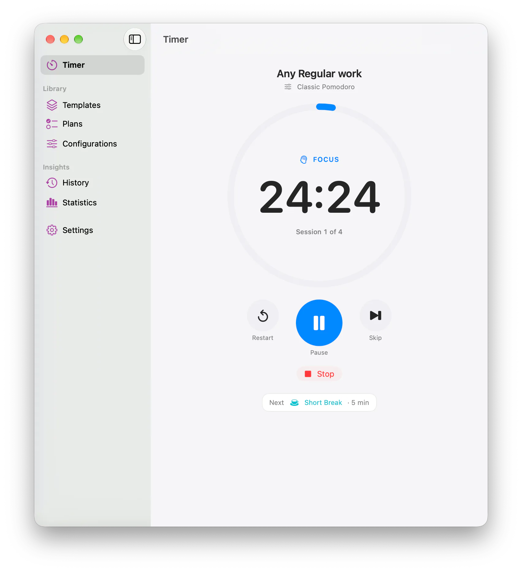 Time Frame on Mac running a focus interval: a progress ring around 24:24 remaining, Session 1 of 4, with Restart, Pause, Skip and Stop controls and the next interval, a 5 minute short break.