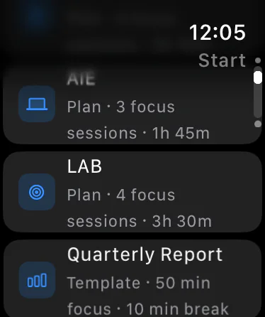 The Start screen on Apple Watch listing saved plans and templates, such as LAB and Quarterly Report, with their session details.