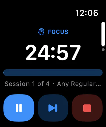 Apple Watch showing a running focus interval with 24:57 remaining, Session 1 of 4, and Pause, Skip and Stop buttons.