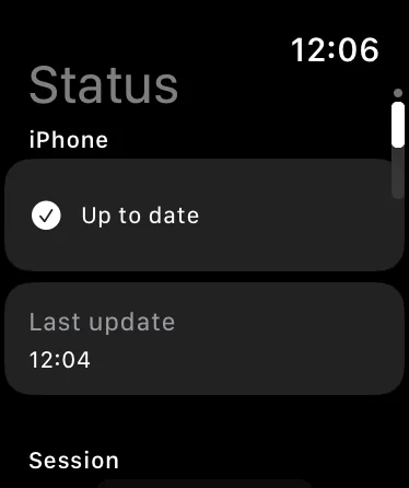 The Status screen on Apple Watch showing the iPhone connection as up to date and the time of the last update.